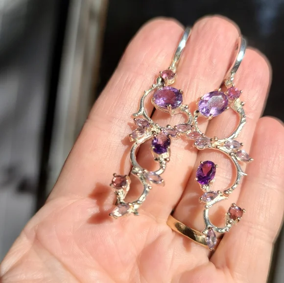 Amethyst & tourmaline STUNNING NEW sterling & gold dramatic earrings - Picture 3 of 6
